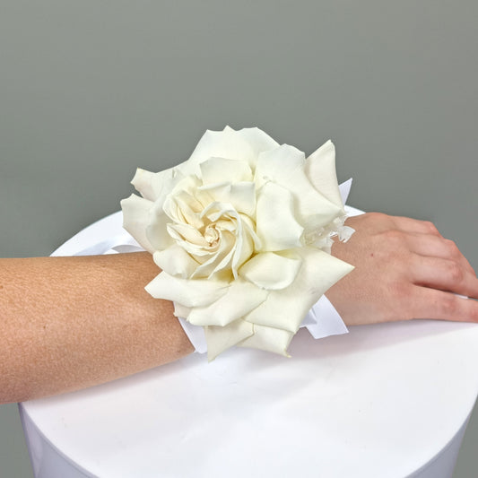 White Reflexed Rose Wrist Corsage